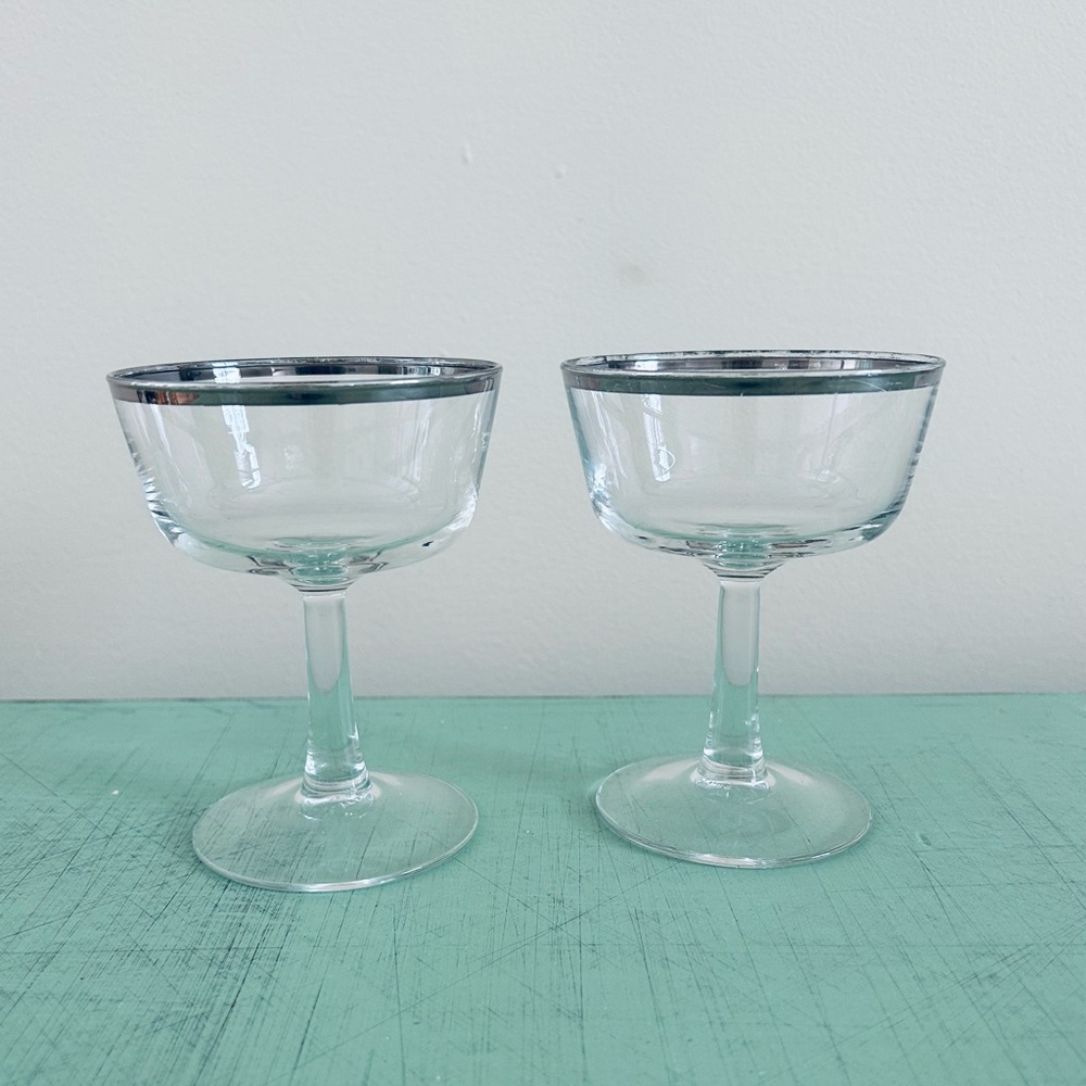 2 Vtg French Silver Rimmed Champagne Glasses Coupe Cocktail MCM Thorpe Style